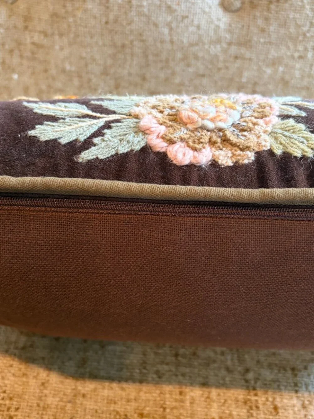 Embroidered Floral Brown Velvet Lumbar Pillow Aphorism 14